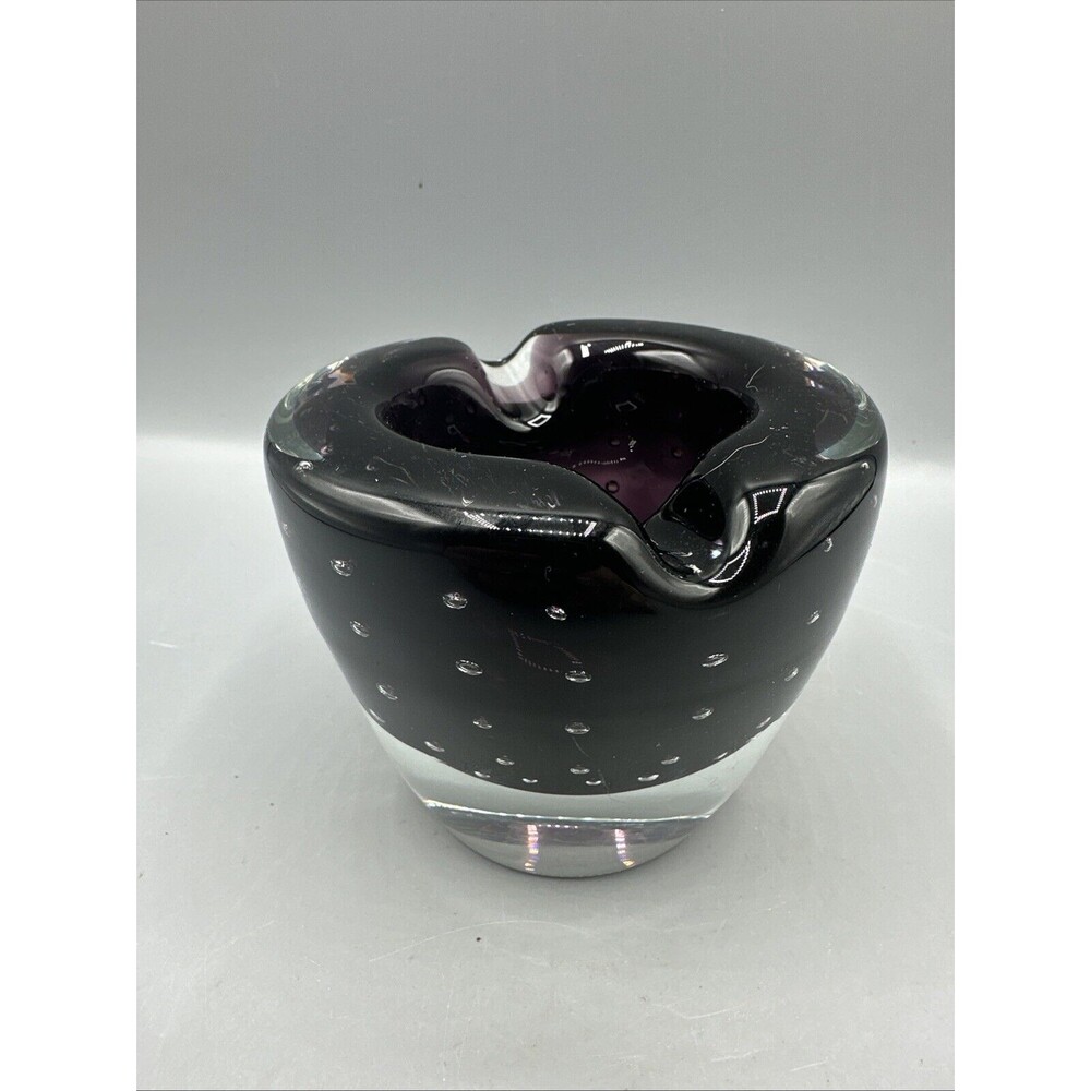 Vintage Amethyst Purple Glass Ashtray Bulicante Bubbles Round Mid Century 2-Slot